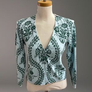 NWT Talbots Pale Teal/Blue/Green Cardigan with Dark Green Floral Trim SP Small P